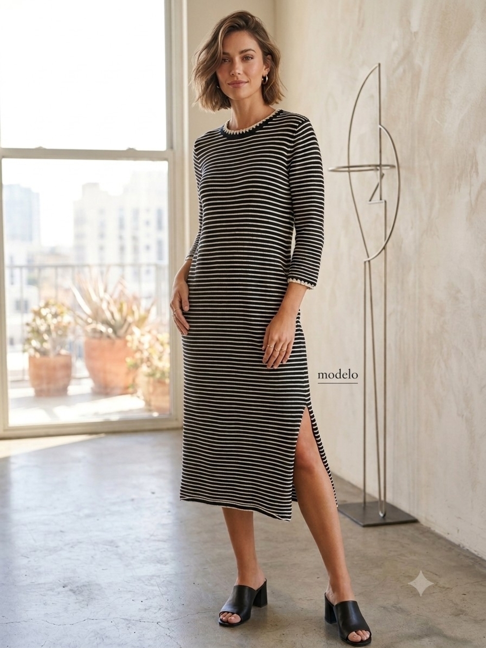 Polagram Black and White Striped Midi Dress